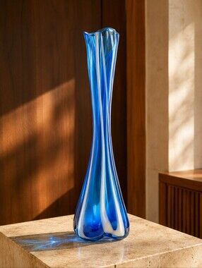 Norcrest Japan Blue White Swung Glass Vase Elephant Foot MCM 14.25"